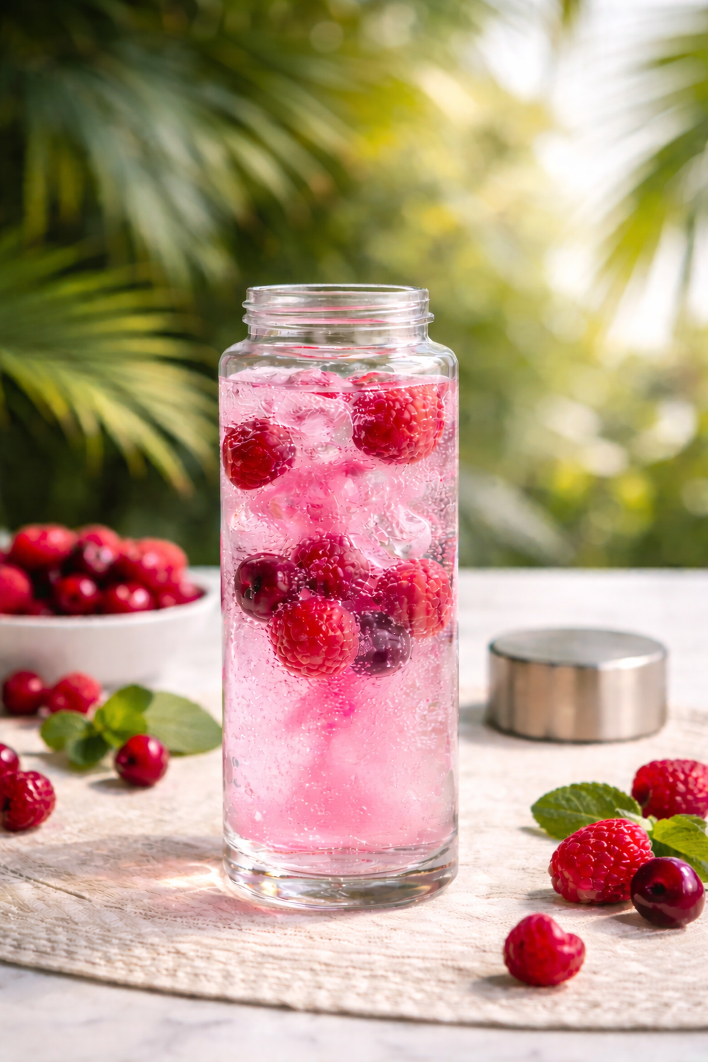 Fizzii reusable tin on a countertop next to a water glass